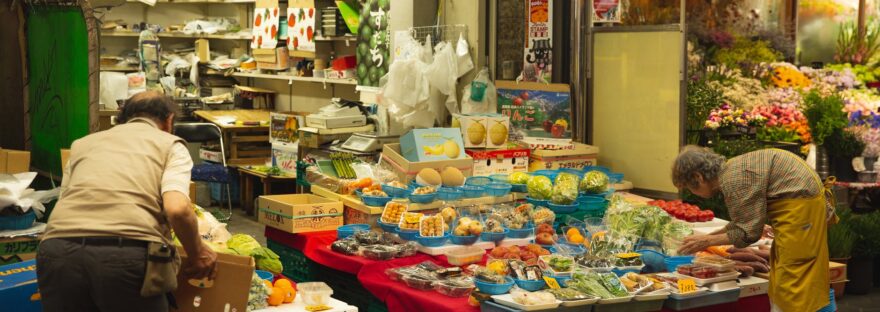 stall with fruits and vegetables in market