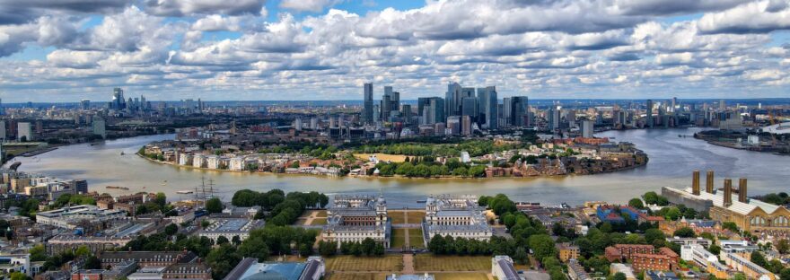 aerial view of city buildings near a river