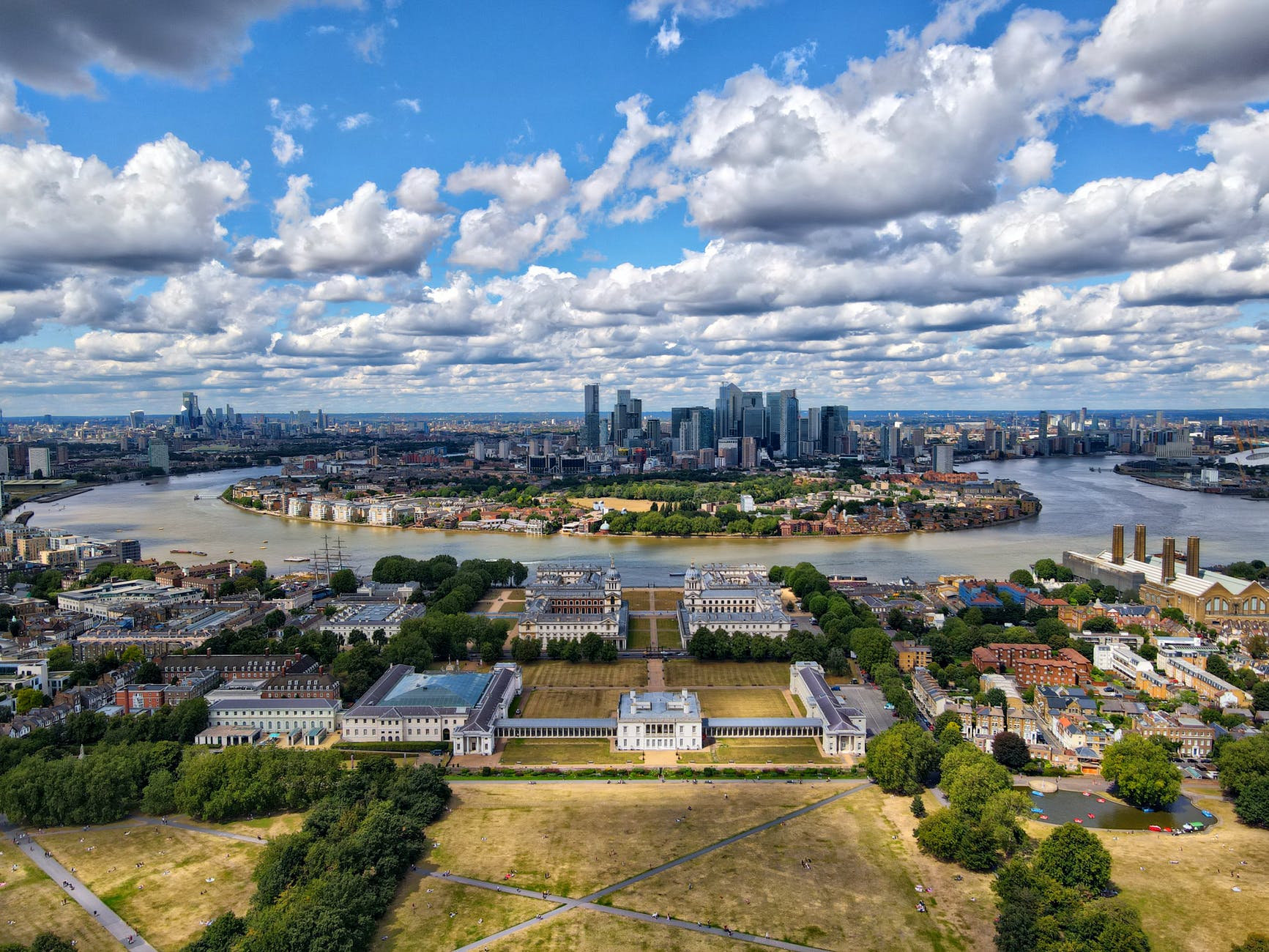 aerial view of city buildings near a river