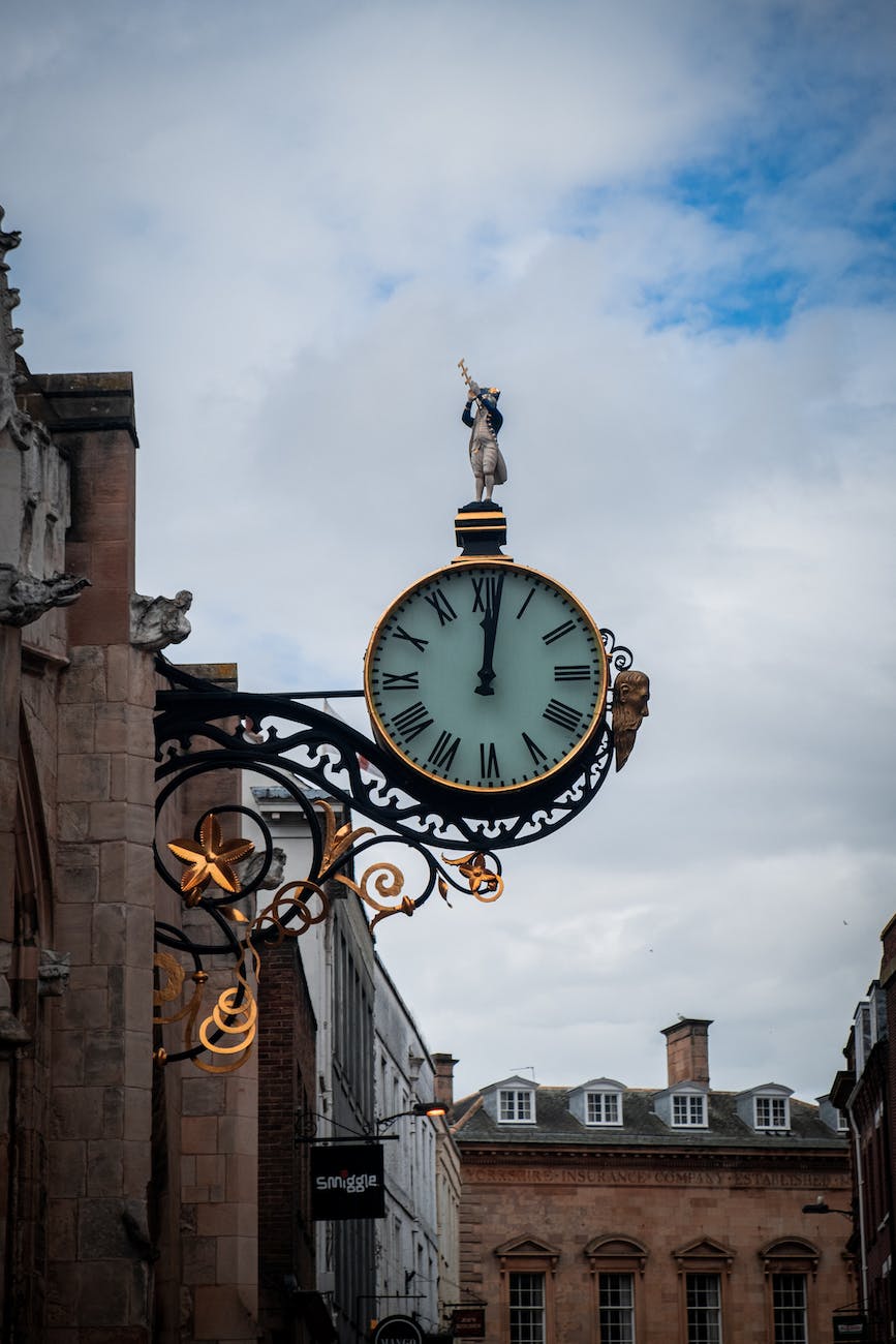 clock hanging on the side of a building